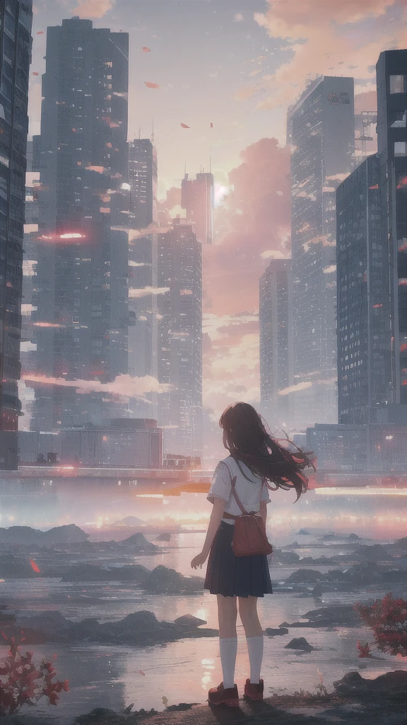 Fiery sunset sky,Octane, star (null), scenery, White flowers falling from the sky,school uniform.,star, A girl and a boy, Rear view, Outdoor, city,river,building, cloud, 天のriver,silhouette, 飛行機cloud, youth
