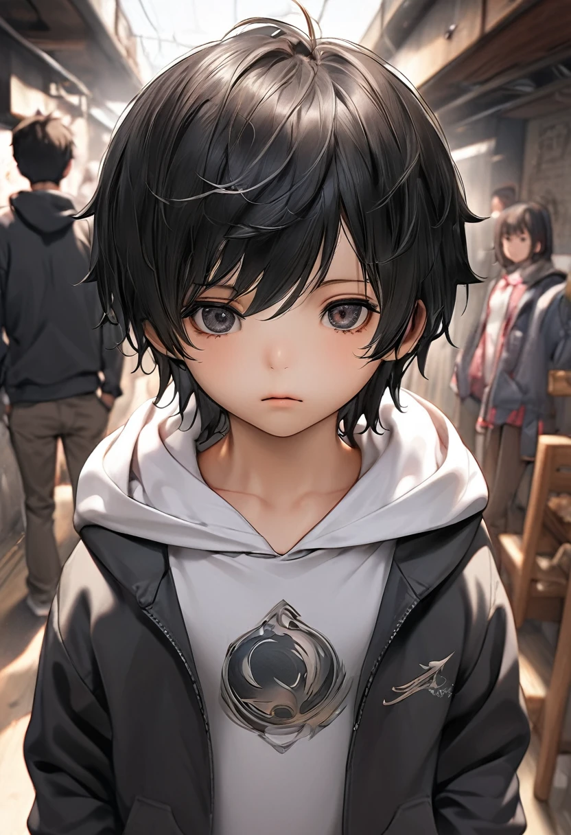 A , boy, handsome, black hair, short hair, mullet, black eyes, upturned eyes, expressionless, black jacket, anime, first-person view, masterpiece, anatomically correct, high details, highres, best quality, super detailWear a cool hoodie.Turn around and put on a cool hoodie.