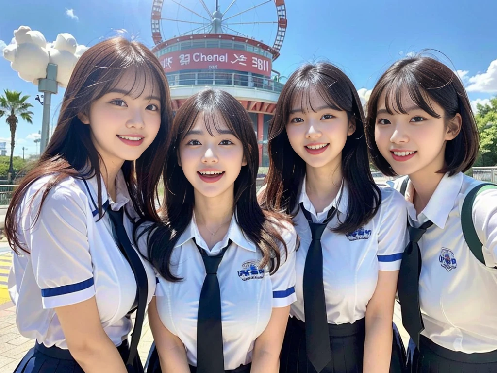 (A super cute Korean schoolgirl takes a commemorative photo with her two beautiful best friends:1.2)(laughing:1.2)(Beautiful Sweat:1.1)(16K, RAW Photos, Highest quality, masterpiece: 1.2),(Her shiny, beautiful black bob hair sways softly in the wind.:1.1) Super detailed, Super Resolution, (Genuine, Genuine photos: 1.37), Portraiture, High-resolution RAW color photos, Professional photos, Very detailed, 8k wallpaper, Very detailed CG Unity 8k wallpaper, Very detailed beautiful girls, Very detailed faces, ((whole body)), beautiful woman, Huge breasts,(huge boobs:1.1) (Big Boobs:1.1), beautiful schoolgirl (Cute school uniforms,School-designated summer short-sleeved shirt＆Blue tie and shirt uniform),high school girl, Korean Girls,(K-POP Female Idols), (Idol-class beauty)(Beautiful high school girl:1.1)(In front of the giant attraction at an amusement park on a sunny day)((************)(Date:1.2)(Group photo:1.2)(NSFW:1.2)See-through