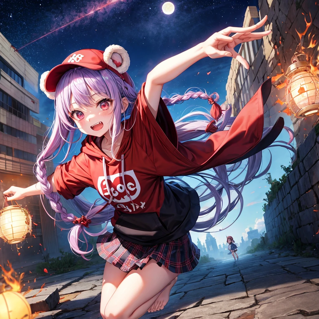 Red, blue and light purple hair、Red eyes、Braid、One cute girl、solo、And soul、Light clothing、Checked mini skirt、petal、black t-shirts、hoodie、bear ears baseball cap、large tree、Thundercloud、Burning Full Moon、desert、barefoot、Stones are piled up、Teeth are visible、Fortress City、Tilting face、Starry Sky、firework