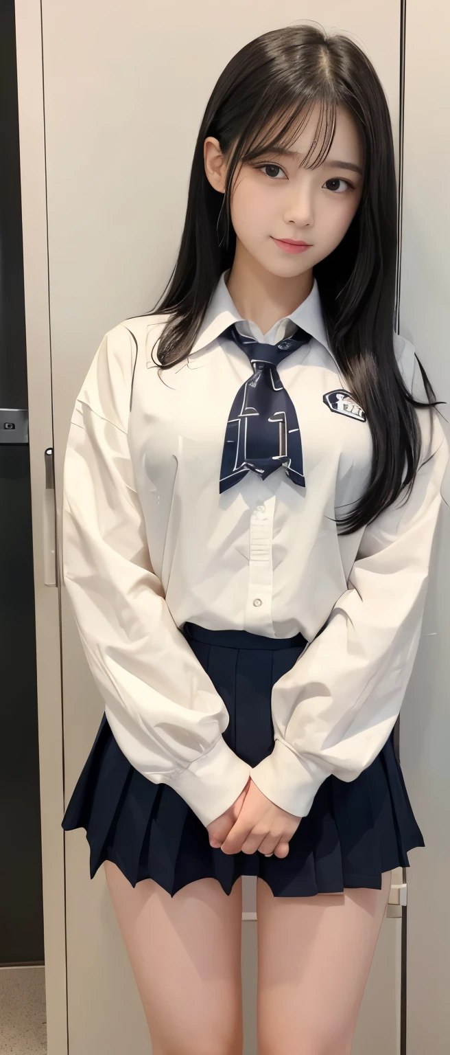 Female idol covered in milk(Cute uniform)、Reluctant、full body Esbian、Semi-long hair with black hair、Idol face