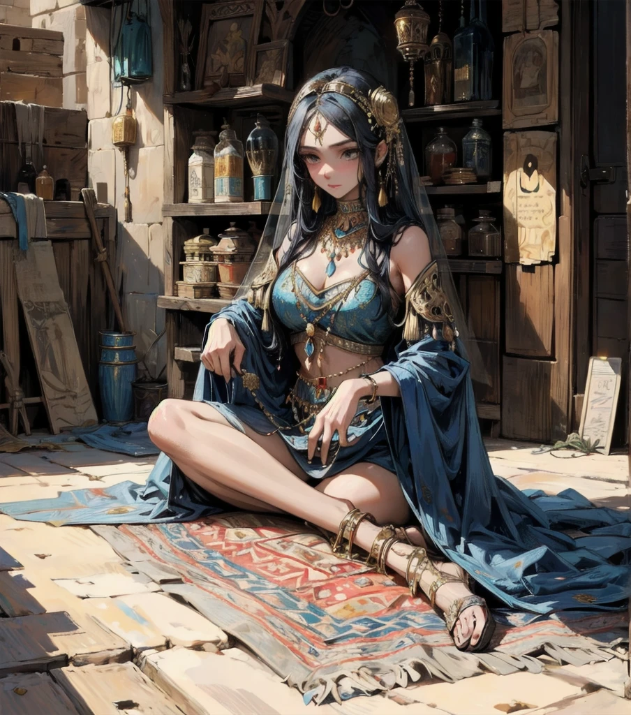 A suspiciously beautiful woman, her face hidden by a veil, sits on the ground in an alleyway in a desert town, selling her wares in a stall on a carpet. She wears intricate and delicate ornaments. The carpet at her feet is lined with accessories and goods decorated with gold and jewels. Detailed drawing. Vivid colors. High image quality.