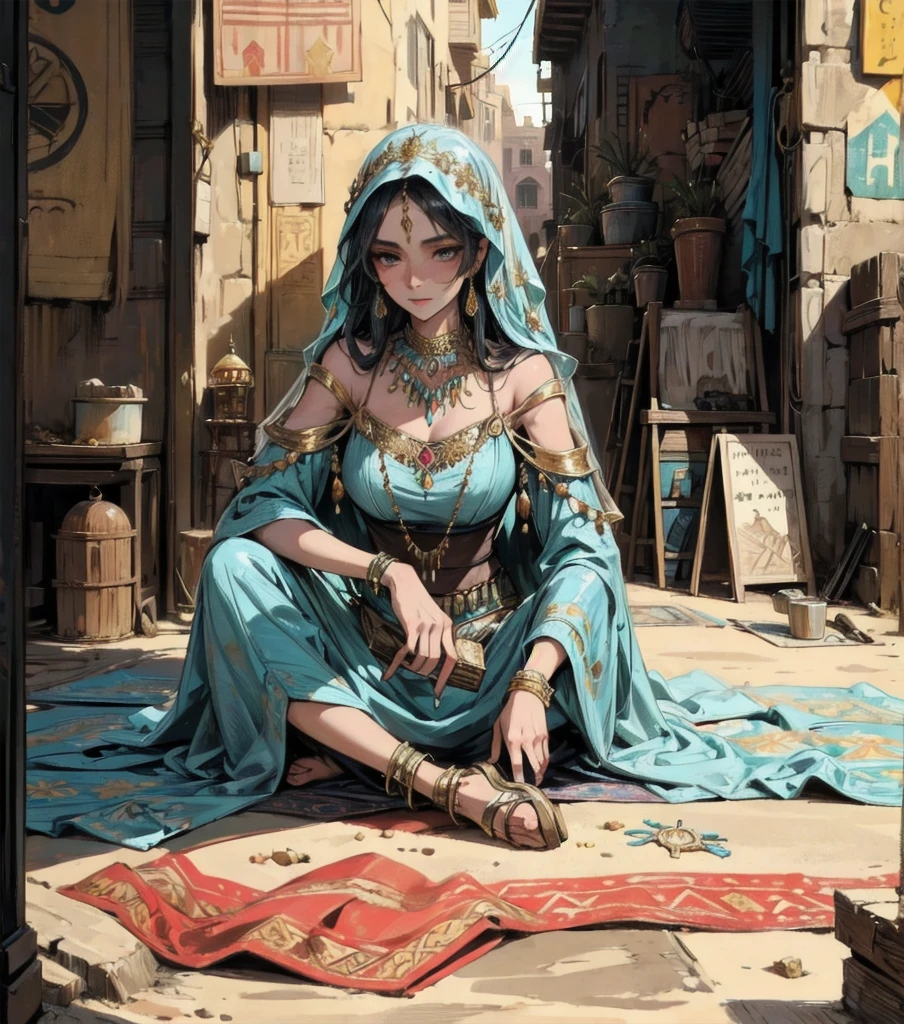 A suspiciously beautiful woman, her face hidden by a veil, sits on the ground in an alleyway in a desert town, selling her wares in a stall on a carpet. She wears intricate and delicate ornaments. The carpet at her feet is lined with accessories and goods decorated with gold and jewels. Detailed drawing. Vivid colors. High image quality.