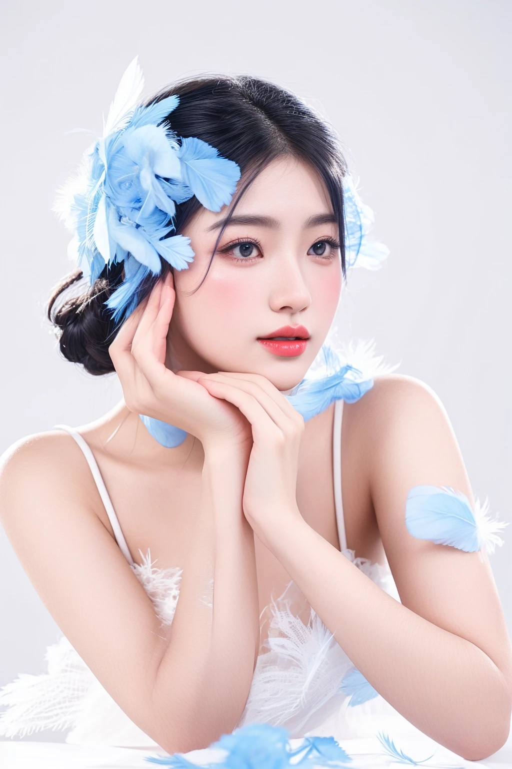arafed woman in a white dress with blue feathers and a blue flower, beautiful young korean woman, beautiful south korean woman, gorgeous chinese model, girl with feathers, gorgeous young korean woman, with blue skin, chinese girl, inspired by Mei Qing, portrait shot, porcelain looking skin, inspired by Leng Mei, blue feathers, soft portrait shot 8 k, japanese model