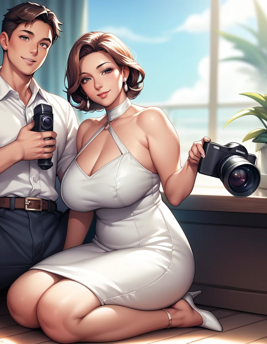 score_9, score_8_up, score_7_up, source_anime, 1boy, 1girl, high class mature female, mother and stepson , mature male, seductive smile, looking at viewer, The mother is on her knees, in front of stepson, white luxury dress, camera from front, (focus on her face and tits), sitting on floor