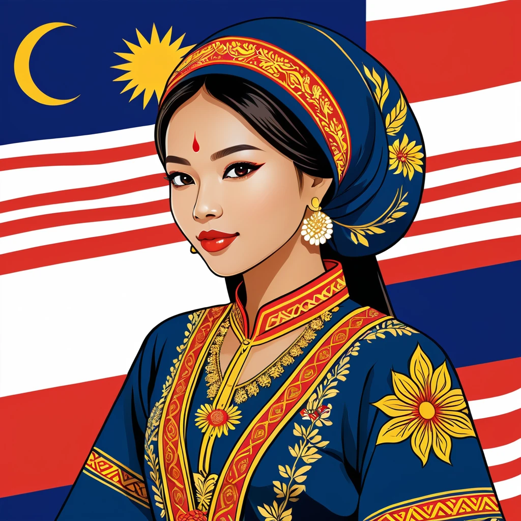 woman in malaysia folk outfit, vector graphics, strong contours