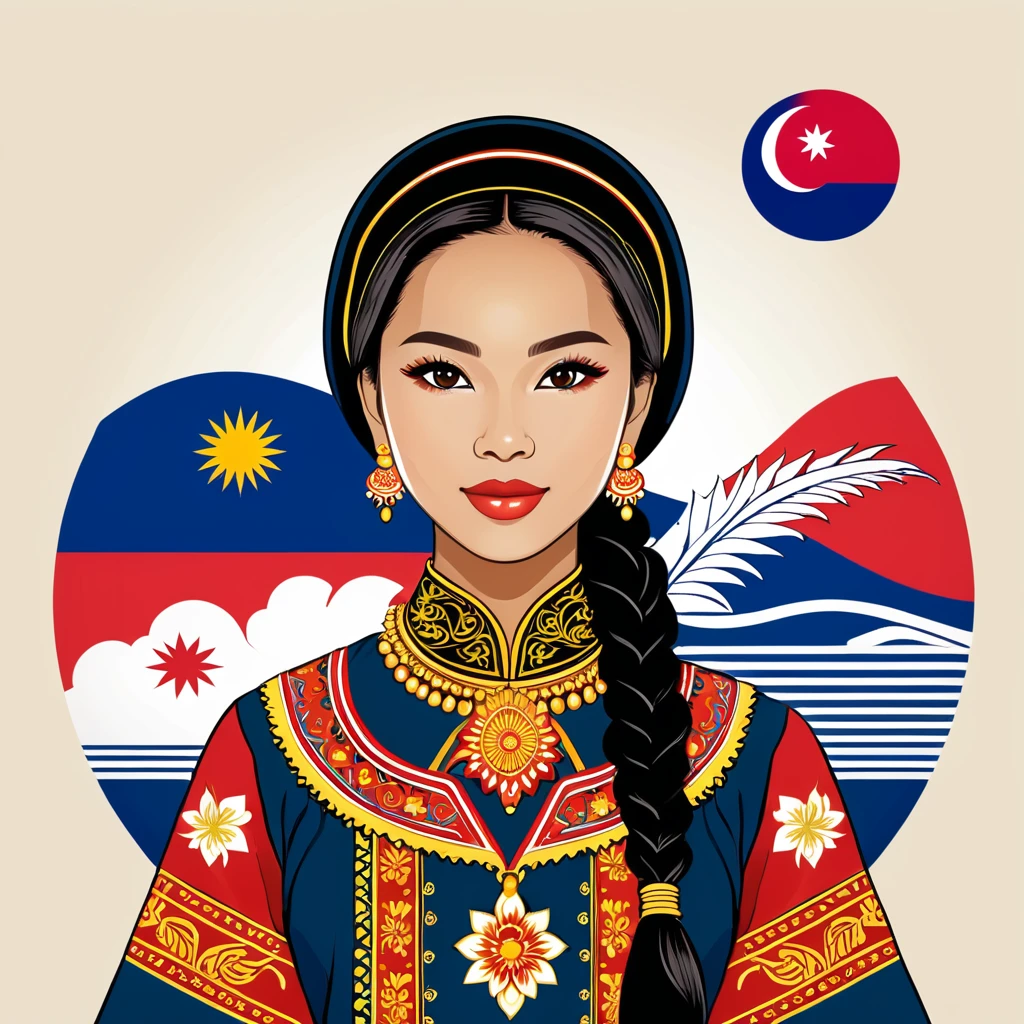 woman in malaysia folk outfit, vector graphics, strong contours