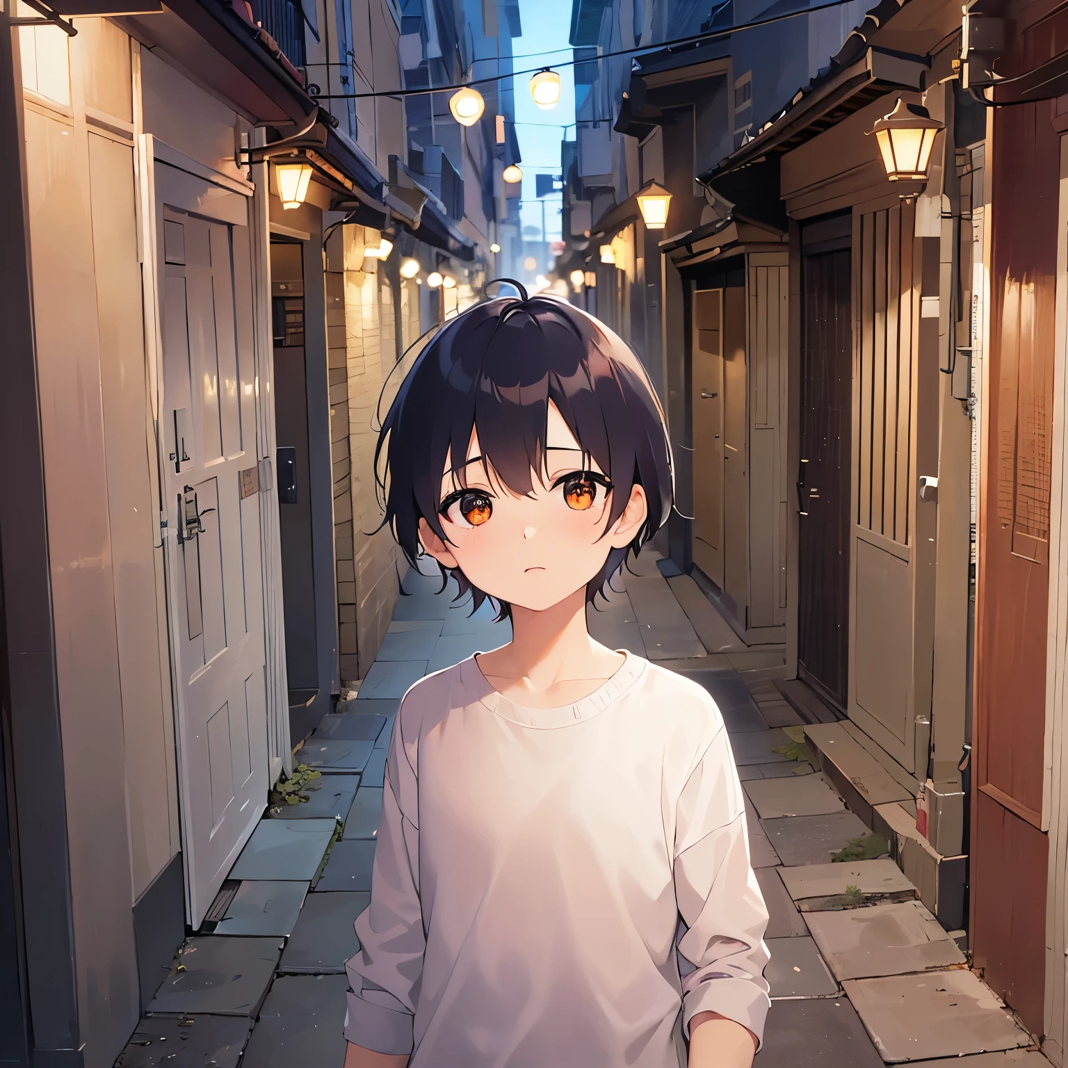 （looking away:1.5）,Upper Body, 
child、masterpiece、Highest quality、 (Short hair with brown bangs) and (Orange eyes) and (5 year old boy:1.5)、Boy,
（White long sleeve shirt）、
scared, Are standing、The background is a back alley at night、The upper body is shown、Alone、