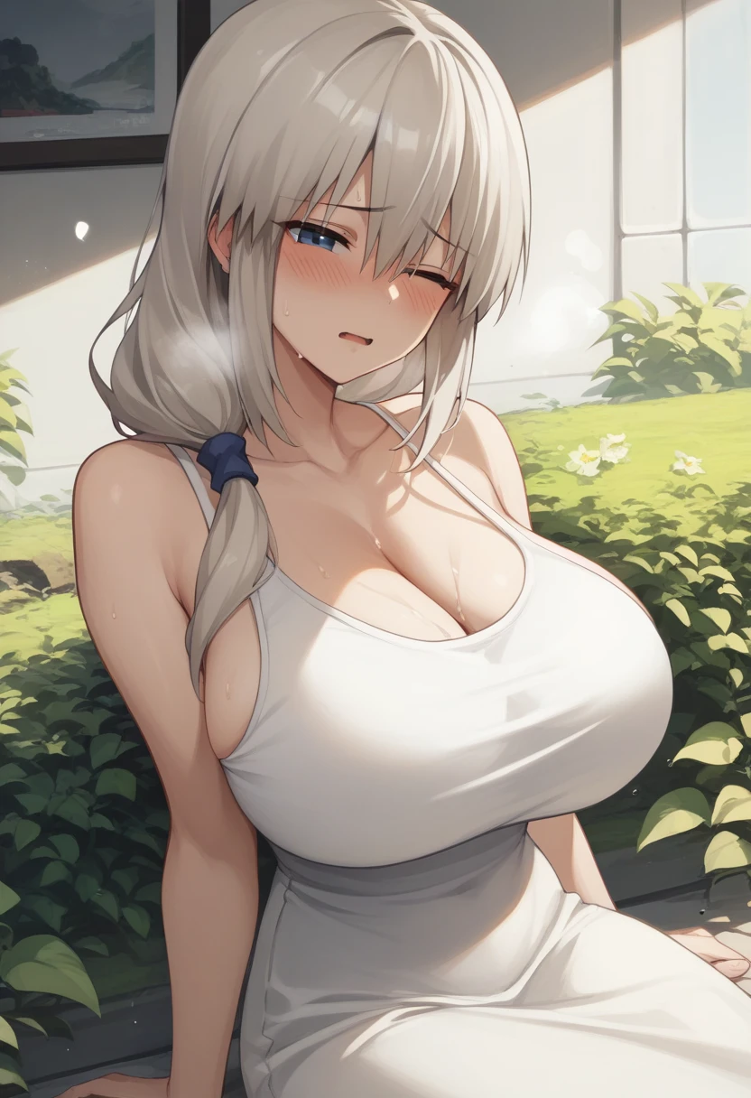 Huge breasts、blush、Sweat、In the heat、Long white hair、Braiding、uzaki_fortune、(The whole body is visible)、(White tank top long dress)、
{Highest quality}, {so beautiful}, {Very detailed}, {Best illustrations},Life、slim:1.5、