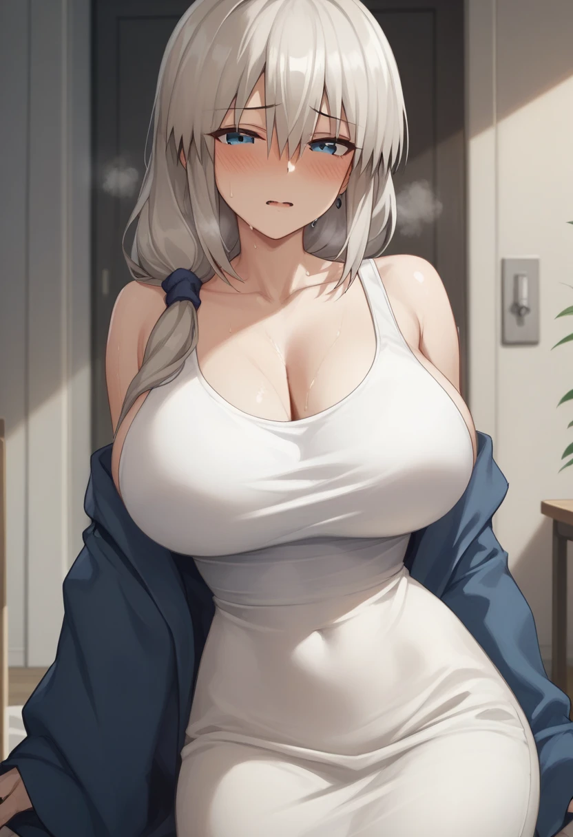 Huge breasts、blush、Sweat、In the heat、Long white hair、Braiding、uzaki_fortune、(The whole body is visible)、(White tank top long dress)、
{Highest quality}, {so beautiful}, {Very detailed}, {Best illustrations},Life、slim:1.5、