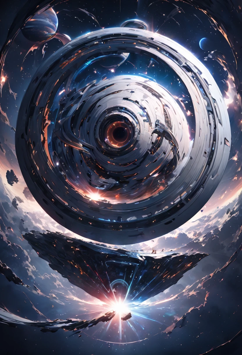 conceptual installation fantasy art, huge spaceship, background galaxy, black-hole, shading effects, gradation magic effects, (ultra detailed, absolutely resolution, best quality:1.3), 2.5D, delicate and dynamic, artistic photography, hyper realistic, graphic CG digital art