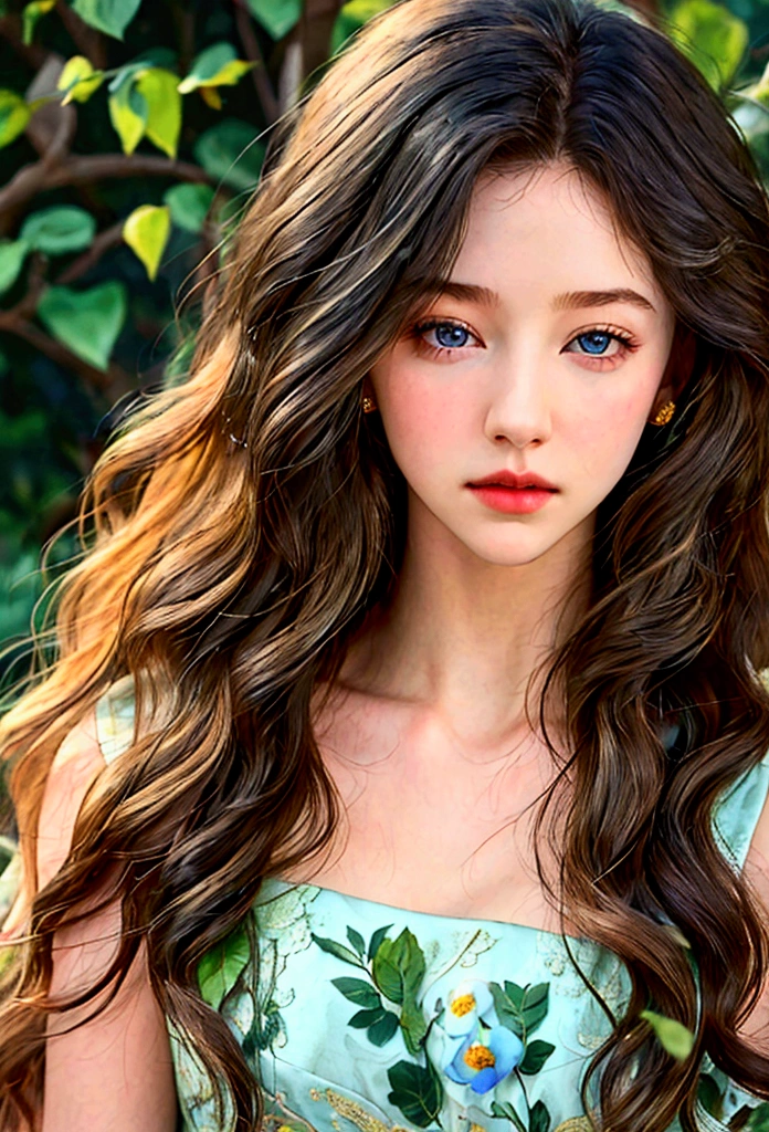 Girl looking down, wind, particle, Intricate and detailed natural backgrounds, bright mood, upper body, (best quality, masterpiece:1.2), 1 woman, detailed eyes, detailed lips, very detailed face, long eyelashes, wind blowing hair, tranquil expression, colorful flowers, lush foliage, sunlight filtering through leaves, warm color palette, soft lighting, cinematic composition, realistic, intricate details