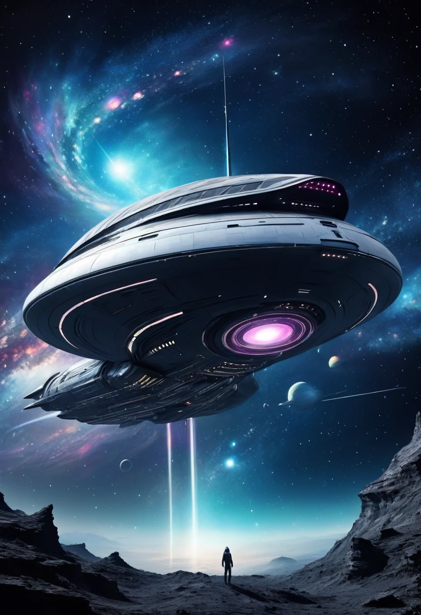 conceptual installation fantasy art, huge spaceship, background galaxy, black-hole, shading effects, gradation magic effects, (ultra detailed, absolutely resolution, best quality:1.3), 2.5D, delicate and dynamic, artistic photography, hyper realistic, graphic CG digital art