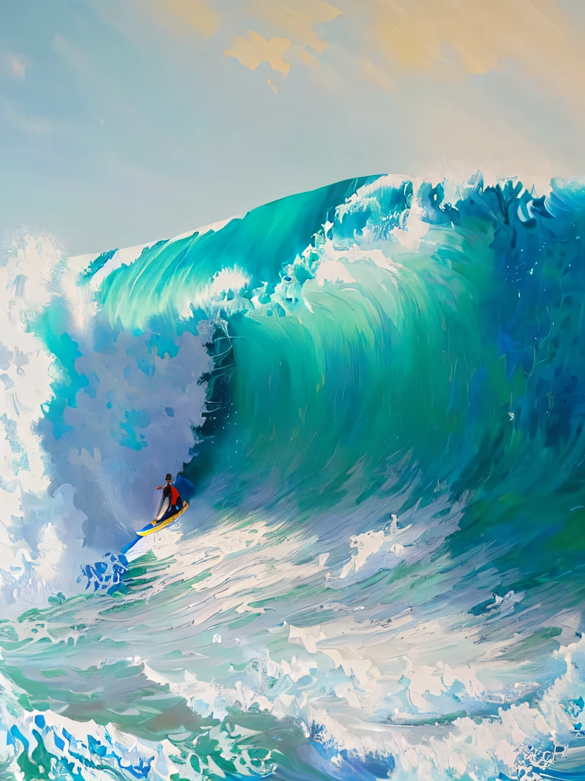painting of a surfer riding a large wave in the ocean, oil painting a bigger splash, big wave, big wave surfing, an oil painting. wave, big waves, big wave and foam, giant waves, surfing, tube wave, wave breaking, large waves, surfing a barrel wave, ride the wind and waves, towering waves, detailed acrylic painting, great wave