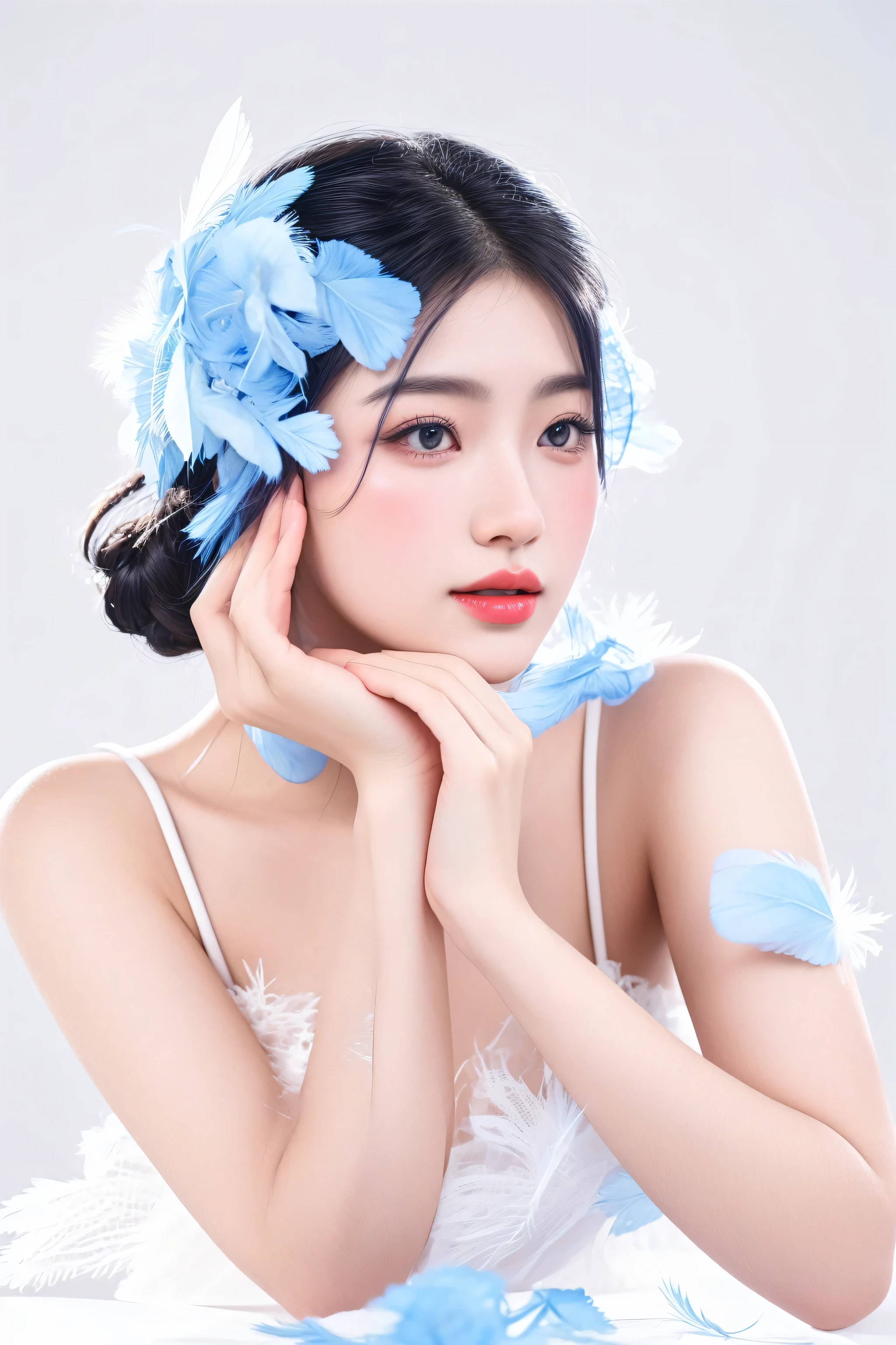 arafed woman in a white dress with blue feathers and a blue flower, beautiful young korean woman, beautiful south korean woman, gorgeous chinese model, girl with feathers, gorgeous young korean woman, with blue skin, chinese girl, inspired by Mei Qing, portrait shot, porcelain looking skin, inspired by Leng Mei, blue feathers, soft portrait shot 8 k, japanese model