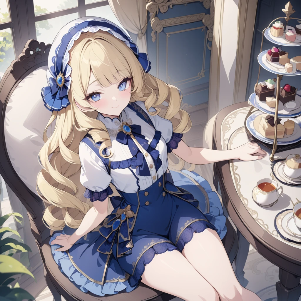 Blonde hair,(sidecurls),curls,blue eyes,long eyelashes,light blue victorian pinafore dress with white frilled neckline,puffy short sleeves,frilled dress,collared dress,frilly wide brimmed Bonnet with bows,fringe bangs,masterpiece,highress, sitting at a table on a intricate chair with a fancy teaset and desserts,soft smile,ojou curls,,(white blouse), inviting pose,