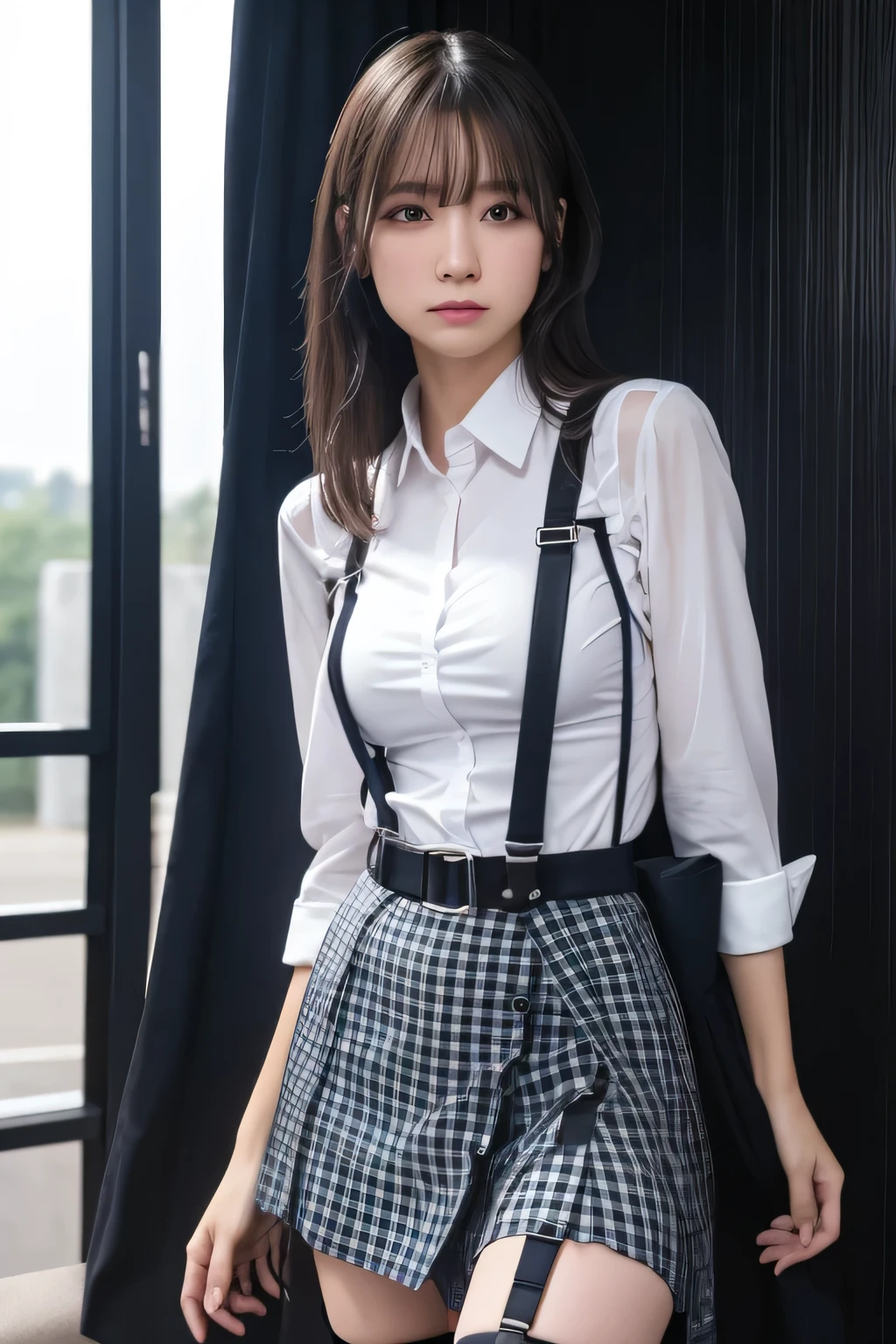 1 female, , high quality, masterpiece, Ultra-high resolution, Cinema Lighting, 1 female, , high quality, masterpiece, Ultra-high resolution, , Cinema Lighting, suspenders　　　Moderate breasts　 　 　　　　　 　　　　Small face　 　　　　　　　　　　　Looking up　　　　Sweat 　　　Thin belt　buzzer　脇Sweat 　　　　 　Garter belt　　Belt on pants　　holster　 　　Hands behind your back　 　Looking up　Anxious face　Knee-high　Knee socks　Knee-highソックス 　garter　ふとももにGarter belt　Checkered mini skirt　 　　Panty shot　Skirt gap Armament　　　holster　holster 　　Hands behind your back　 Anxious expression　　Anxious face, legs apart　Armament　　Leg holster　holster　See-through clothing　heavy rain　Rain-soaked dress shirt,