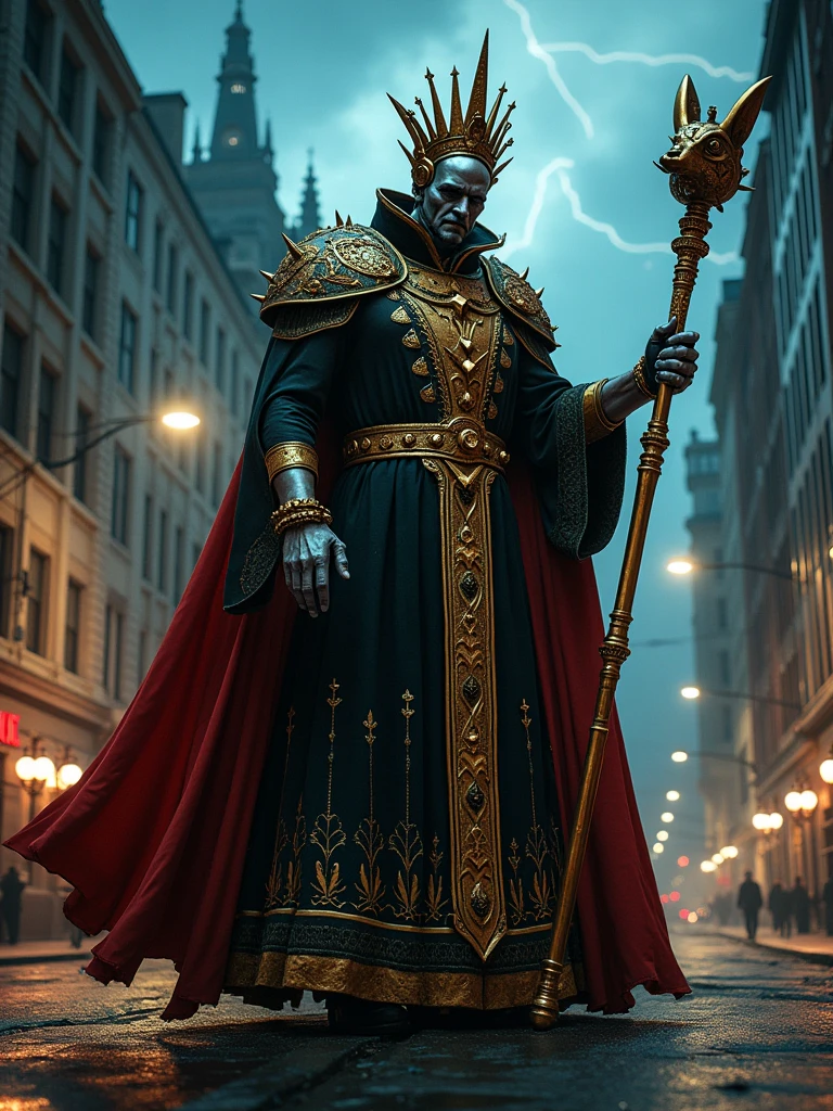 , 16k, raw, (ultra high picture quality), (intricate details), (strong fisheye lens photo/ intense fisheye view photo), ((bottom lit/)/(underlighting)), full body,  large view, ((dynamic photograph of a giant macabre riveted chrome and gold mechanical deity ) (tall jewelled mitre crown) (black and red smock), (holding a long (was-sceptre) stylized sceptre of power with an animal head at the top), ( is destroying the city)), (outside late at night during an electrical storm),
[horror , (double exposures), (low opacity overlays), nighttime, outdoor, realisticvision-negative-embedding, ]