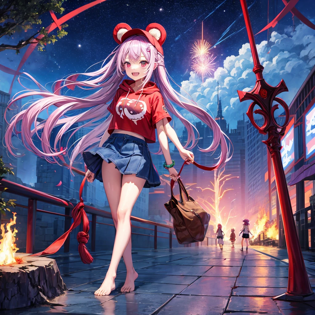 Red, blue and light purple hair、Red eyes、Braid、One cute girl、solo、And soul、Light clothing、Checked mini skirt、petal、black t-shirts、hoodie、bear ears baseball cap、large tree、Thundercloud、Burning Full Moon、desert、barefoot、Stones are piled up、Teeth are visible、Fortress City、Tilting face、Starry Sky、firework、Walking stick