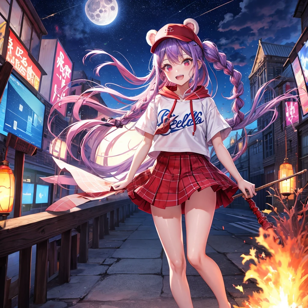 Red, blue and light purple hair、Red eyes、Braid、One cute girl、solo、And soul、Light clothing、Checked mini skirt、petal、black t-shirts、hoodie、bear ears baseball cap、large tree、Thundercloud、Burning Full Moon、desert、barefoot、Stones are piled up、Teeth are visible、Fortress City、Tilting face、Starry Sky、firework、Walking stick