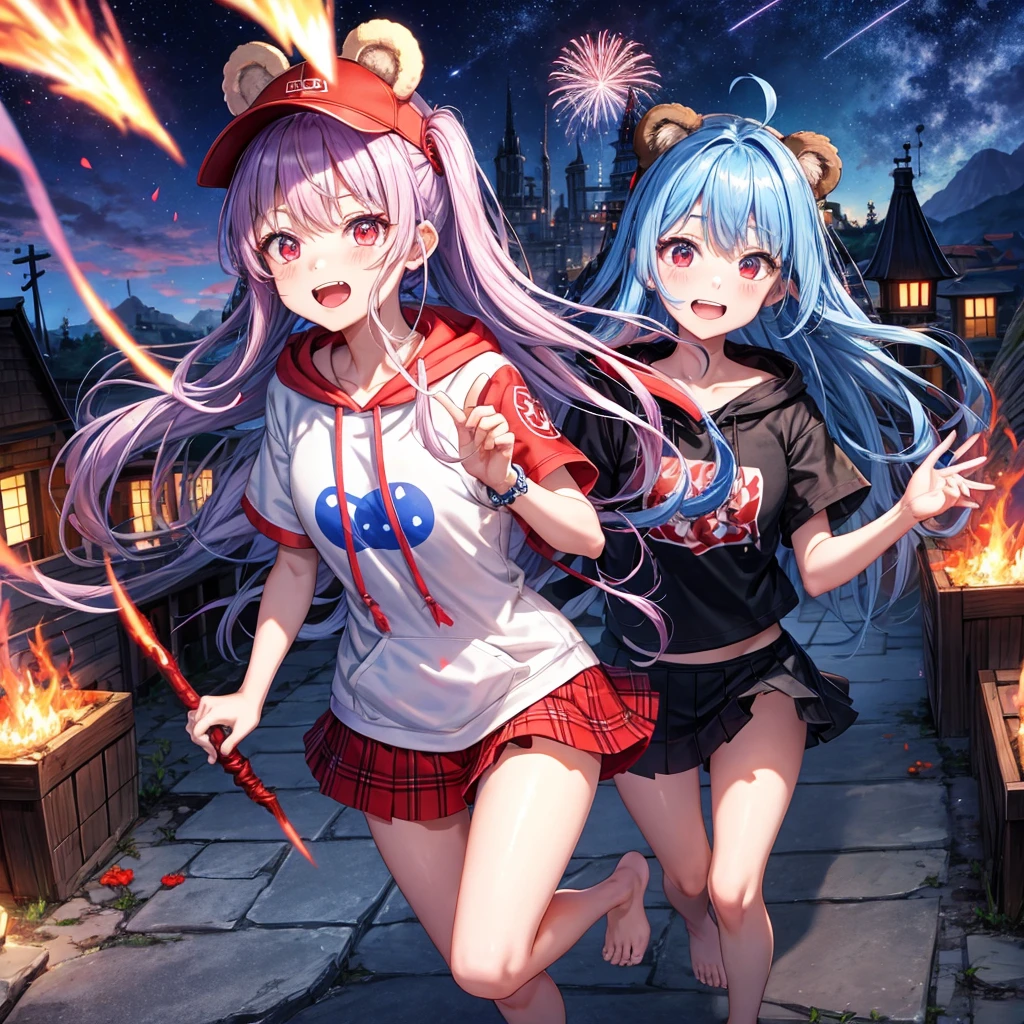Red, blue and light purple hair、Red eyes、Braid、One cute girl、solo、And soul、Light clothing、Checked mini skirt、petal、black t-shirts、hoodie、bear ears baseball cap、large tree、Thundercloud、Burning Full Moon、desert、barefoot、Stones are piled up、Teeth are visible、Fortress City、Tilting face、Starry Sky、firework、Walking stick