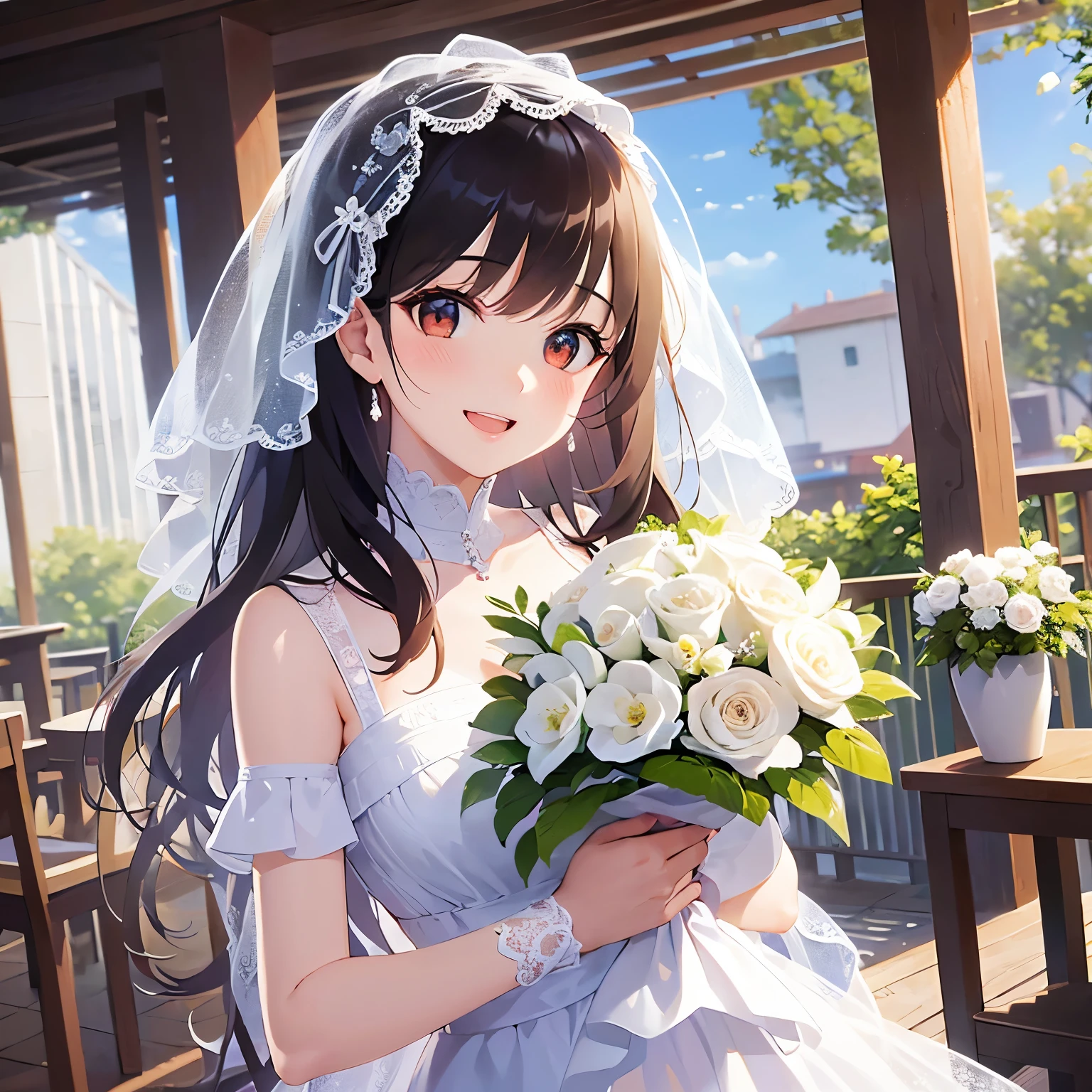 （looking at viewer:1.5）,Upper Body,Holding a bouquet、
 Realistic, real person, (pale skin: 1.2), RAW photo, photorealistic, shiny skin, shiny hair、
(A 25-year-old woman with medium-length hair and bangs) and (wavy hair) and (brown hair) and (orange eyes：1.5) 、
(tearful:1.3),(smile:1.5)、open mouth,white lace wedding dress、The background is inside the restaurant