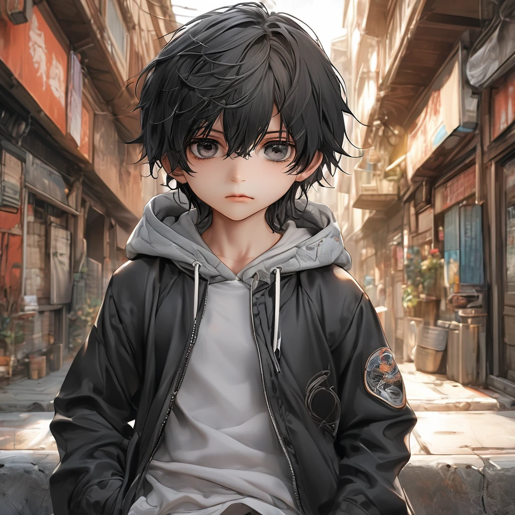 A kid, boy, handsome, black hair, short hair, mullet, black eyes, upturned eyes, expressionless, black jacket, anime, first-person view, masterpiece, anatomically correct, high details, highres, best quality, super detail  Wear a cool hoodie.