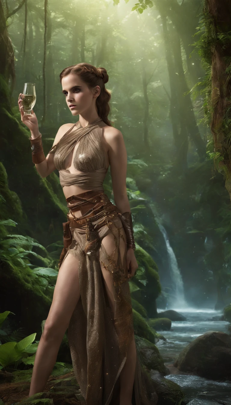 (Emma Watson) 
(((Sexy Slave Leia))), (star wars) red slit slave leia dress, enchanted forest at twilight, ethereal light filtering through ancient towering trees, vividly detailed lush undergrowth, mystical creatures lurking in the shadows, sparkling fairy lights weaving through the foliage, a crystal-clear stream with water so pure it glows, cascading waterfall in the background with magical properties, fantasy wildlife drinking at the water's edge, highly detailed, photorealistic textures on every surface