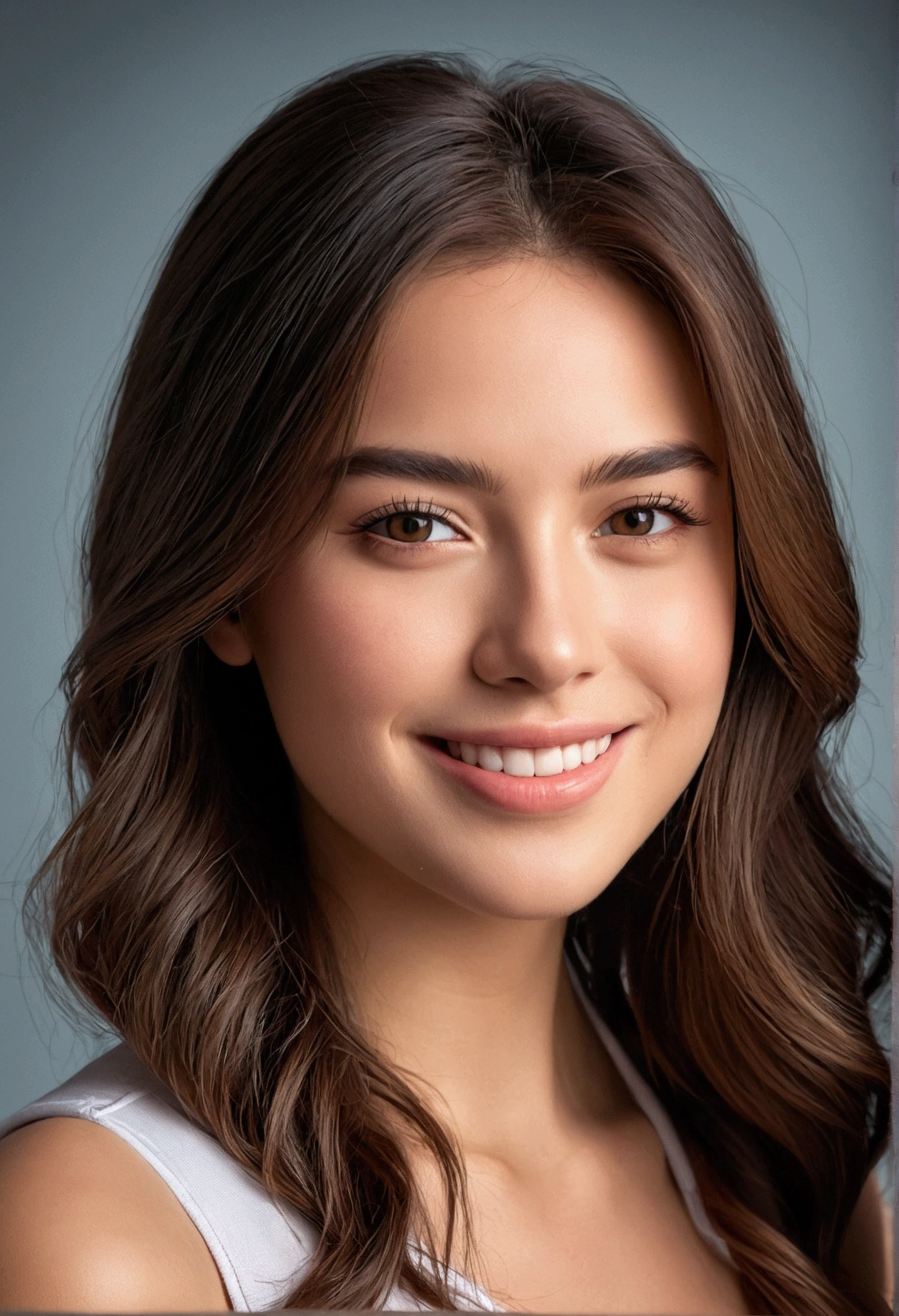 American female model Lily on solid color background, Pretty Face, Realistic photos, (portrait), [Smile], [haze], Natural Lighting, Shallow depth of field, Shot with Canon EOS-1D X Mark III, 50mm lens, F/2.8, (Complex details, Ultra Detailed), ((RAW color)), Clear focus, HDR, 4K resolution, Movie