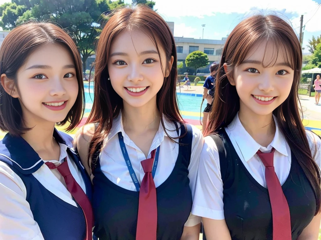 (Super cute Korean schoolgirl takes a commemorative photo with her beautiful best friend:1.2)(laughing:1.2)(Beautiful Sweat:1.1)(16K, RAW Photos, Highest quality, masterpiece: 1.2),(Her shiny, beautiful black bob hair sways softly in the wind.:1.1) Super detailed, Super Resolution, (Genuine, Genuine photos: 1.37), Portraiture, High-resolution RAW color photos, Professional photos, Very detailed, 8k wallpaper, Very detailed CG Unity 8k wallpaper, Very detailed beautiful girls, Very detailed faces, ((whole body)), beautiful woman, Huge breasts,(huge boobs:1.1) (Big Boobs:1.1), beautiful schoolgirl (Cute school uniforms,School-designated summer short-sleeved shirt＆Red tie and shirt uniform),high school girl, Korean Girls,(K-POP Female Idols), (Idol-class beauty)(Beautiful high school girl:1.1)(Sunny day at the water park)((15 years old)(Date:1.2)(Group photo:1.2)Headband(NSFW:1.1)(Only one person has beautiful red hair:1.1)(trio)