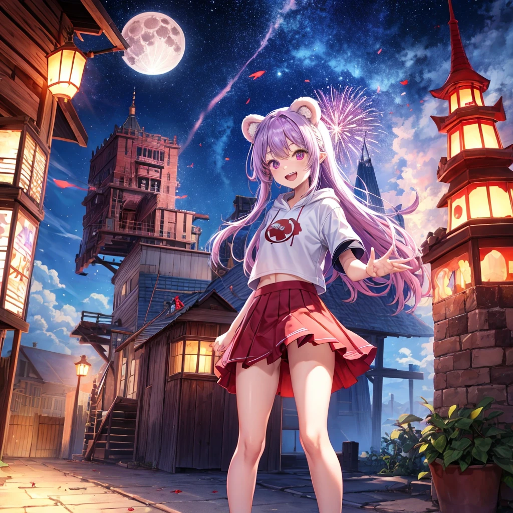 Red, blue and light purple hair、Red eyes、Braid、One cute girl、solo、And soul、Light clothing、Checked mini skirt、petal、black t-shirts、hoodie、bear ears baseball cap、large tree、Thundercloud、Burning Full Moon、desert、barefoot、Stones are piled up、Teeth are visible、Fortress City、Tilting face、Starry Sky、firework、Walking stick