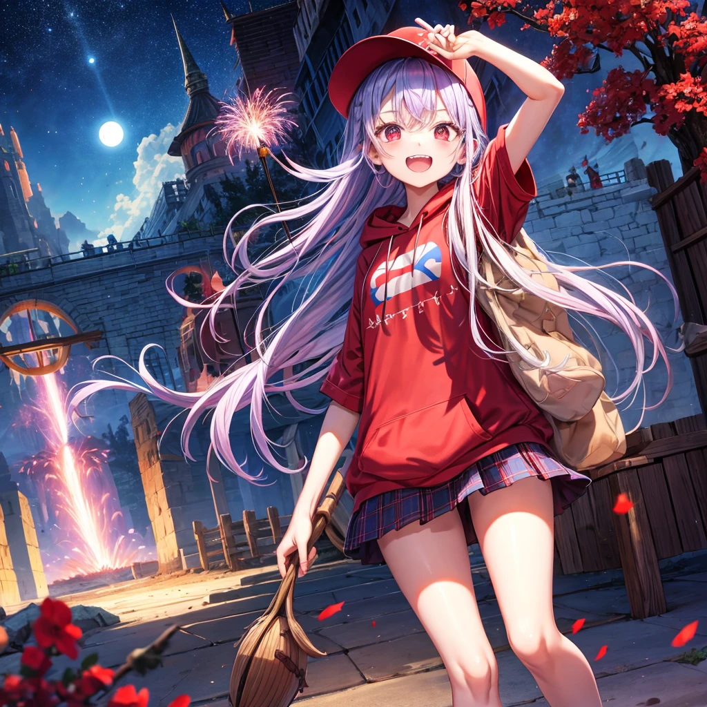 Red, blue and light purple hair、Red eyes、Braid、One cute girl、solo、And soul、Light clothing、Checked mini skirt、petal、black t-shirts、hoodie、bear ears baseball cap、large tree、Thundercloud、Burning Full Moon、desert、barefoot、Stones are piled up、Teeth are visible、Fortress City、Tilting face、Starry Sky、firework、Walking stick