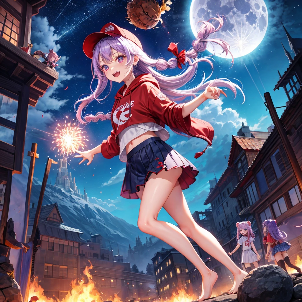 Red, blue and light purple hair、Red eyes、Braid、One cute girl、solo、And soul、Light clothing、Checked mini skirt、petal、black t-shirts、hoodie、bear ears baseball cap、large tree、Thundercloud、Burning Full Moon、desert、barefoot、Stones are piled up、Teeth are visible、Fortress City、Tilting face、Starry Sky、firework、Walking stick