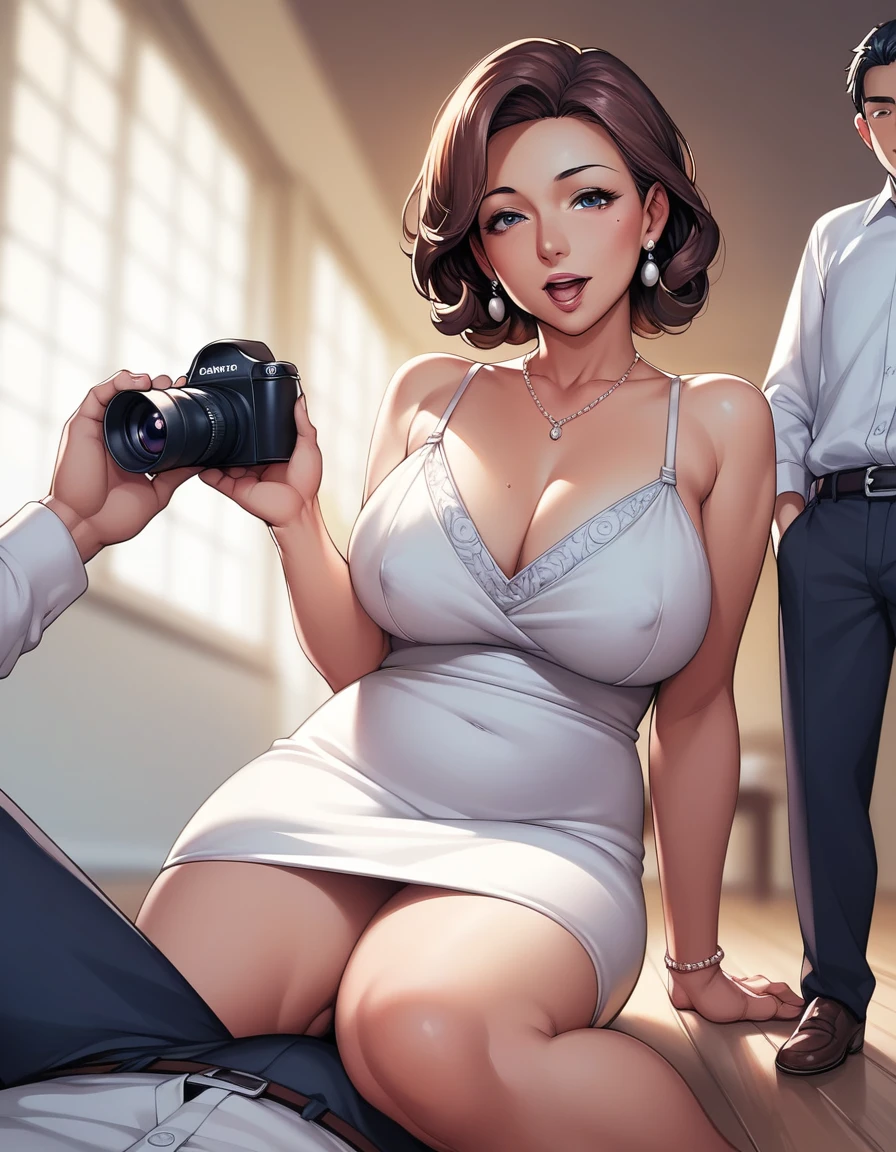 score_9, score_8_up, score_7_up, source_anime, 1boy, 1girl, high class mature female, mother and stepson , mature male, open mouth, looking at viewer, lying on her back, in front of stepson, white luxury dress, camera from front, (focus on her face and tits), sitting on floor
