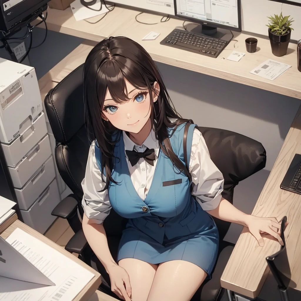 1lady solo, sitting, (from above), office worker, ((blue vest) over white dress shirt), mature female, /(dark brown hair/), kind smile, (masterpiece best quality:1.2) delicate illustration ultra-detailed, large breasts,bowtie BREAK (modern office) indoors, (reception desk), entrance, detailed background
