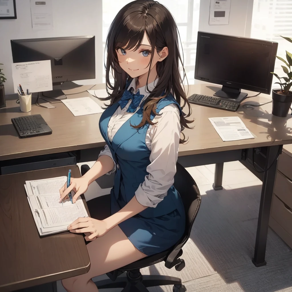 1lady solo, sitting, (from above), office worker, ((blue vest) over white dress shirt), mature female, /(dark brown hair/), kind smile, (masterpiece best quality:1.2) delicate illustration ultra-detailed, large breasts,bowtie BREAK (modern office) indoors, (reception desk), entrance, detailed background