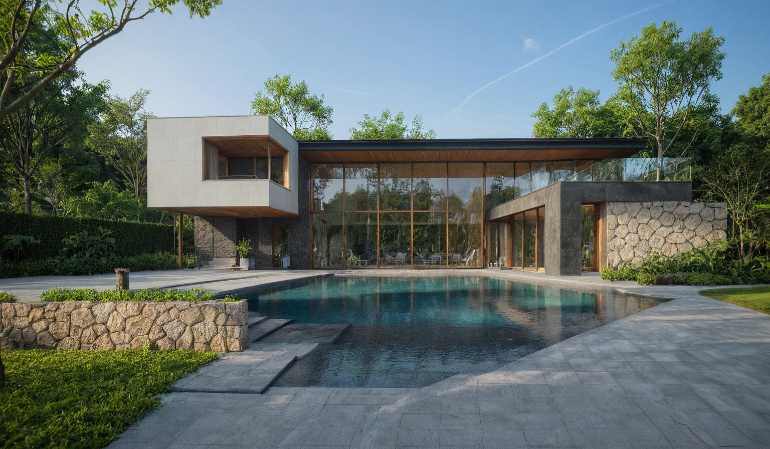 modern villa on street, (daylight), tropical tree, green shrub and plants, pool, cladding stone, vivid color, streetcapes, modern design, brigth grey tone, (large glass door:1.2), warm interior lighting, modern material, best quality, ultra realistic, masterpiece, joyful atmosphere
