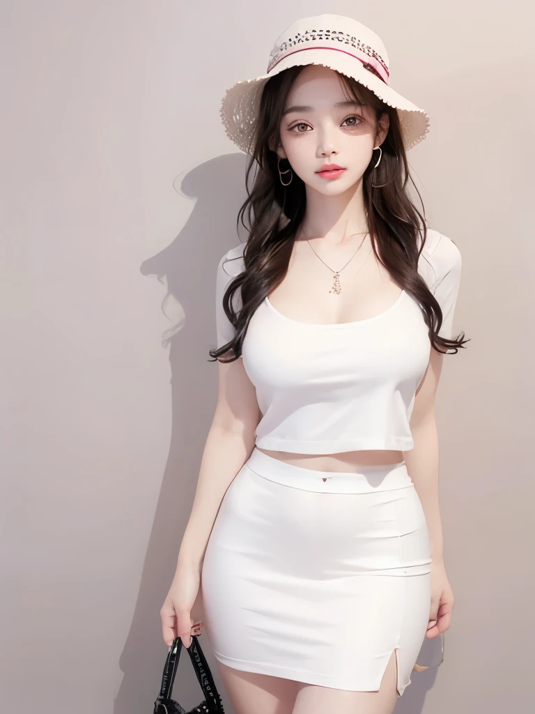 Kim Jennie with black hair, with curls, Brown eyes, beautiful eyes and pretty lips, pink lips, heart and cupid shaped lips, Beautiful skin, pale white skin, with moles and freckles all over his face, pink blush on the cheeks, douyin makeup, popular korean makeup, with a necklace, while wearing a shirt, Yk2 style, Aesthetic, with a short summer skirt YK2 style, while wearing a cute YK2 hat, nice crochet hat, with bare abdomen, thin and beautiful abdomen, (big breasts, deep neckline), autophoto, looking to the camera