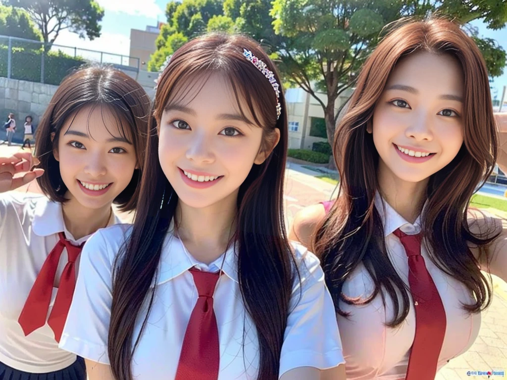 (Super cute Korean schoolgirl takes a commemorative photo with her beautiful best friend:1.2)(laughing:1.2)(Beautiful Sweat:1.1)(16K, RAW Photos, Highest quality, masterpiece: 1.2),(Her shiny, beautiful black bob hair sways softly in the wind.:1.1) Super detailed, Super Resolution, (Genuine, Genuine photos: 1.37), Portraiture, High-resolution RAW color photos, Professional photos, Very detailed, 8k wallpaper, Very detailed CG Unity 8k wallpaper, Very detailed beautiful girls, Very detailed faces, ((whole body)), beautiful woman, Huge breasts,(huge boobs:1.1) (Big Boobs:1.1), beautiful schoolgirl (Cute school uniforms,School-designated summer short-sleeved shirt＆Red tie and shirt uniform),high school girl, Korean Girls,(K-POP Female Idols), (Idol-class beauty)(Beautiful high school girl:1.1)(Sunny day at the water park)(()(Date:1.2)(Group photo:1.2)Headband(NSFW:1.1)(Only one person has beautiful red hair:1.1)(trio)