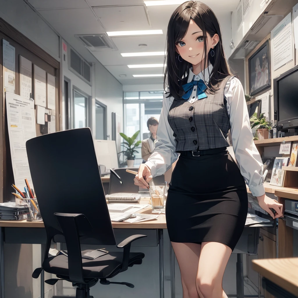 (Best Quality, Masterpiece),Wearing a pink plaid vest, White short sleeved shirt, Gray pencil skirt, Wear stiletto heels, Necklace, earrings, Cute face, Smile, Blushing, Shyness, Glass wall, Ultra Detail, Realistic, Front view, Whole body, stunning, cute, warm smile, hourglass figure, apron, text, chart, advertising, magazine title(Best Quality, Masterpiece), Mag((((1ladyl,)))) (masterpiece), (realistic), (best quality), (ultra-detailed), (wearing in [[white and gray check pattern]] Vest worn over white collared long-sleeved shirt:1.4), (gray vest with buttons:1.2), (Pink Theme:1.2), (blue ribbon ribbon:1.3), (Black theme:1.4), (Tight black pencil skirt:1.5), ((Brown pantyhose)), (high-heels:1.1),longskirt,office desk, office chair,Lulubre Unity 8K Wallpaper, pantyshot, long brown hair, office lady Magazine Cover, 1girl,  amazing, girl, 30 years old, house wiife, warm smile, hourglass figure, text, chart, advertising, magazine title