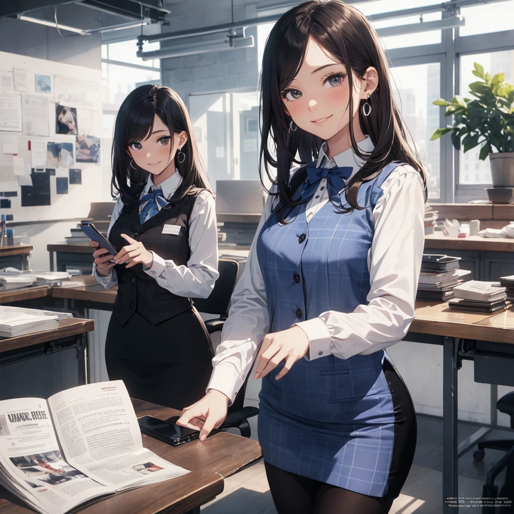 (Best Quality, Masterpiece),Wearing a pink plaid vest, White short sleeved shirt, Gray pencil skirt, Wear stiletto heels, Necklace, earrings, Cute face, Smile, Blushing, Shyness, Glass wall, Ultra Detail, Realistic, Front view, Whole body, stunning, cute, warm smile, hourglass figure, apron, text, chart, advertising, magazine title(Best Quality, Masterpiece), Mag((((1ladyl,)))) (masterpiece), (realistic), (best quality), (ultra-detailed), (wearing in [[white and gray check pattern]] Vest worn over white collared long-sleeved shirt:1.4), (gray vest with buttons:1.2), (Pink Theme:1.2), (blue ribbon ribbon:1.3), (Black theme:1.4), (Tight black pencil skirt:1.5), ((Brown pantyhose)), (high-heels:1.1),longskirt,office desk, office chair,Lulubre Unity 8K Wallpaper, pantyshot, long brown hair, office lady Magazine Cover, 1girl,  amazing, girl, 30 years old, house wiife, warm smile, hourglass figure, text, chart, advertising, magazine title