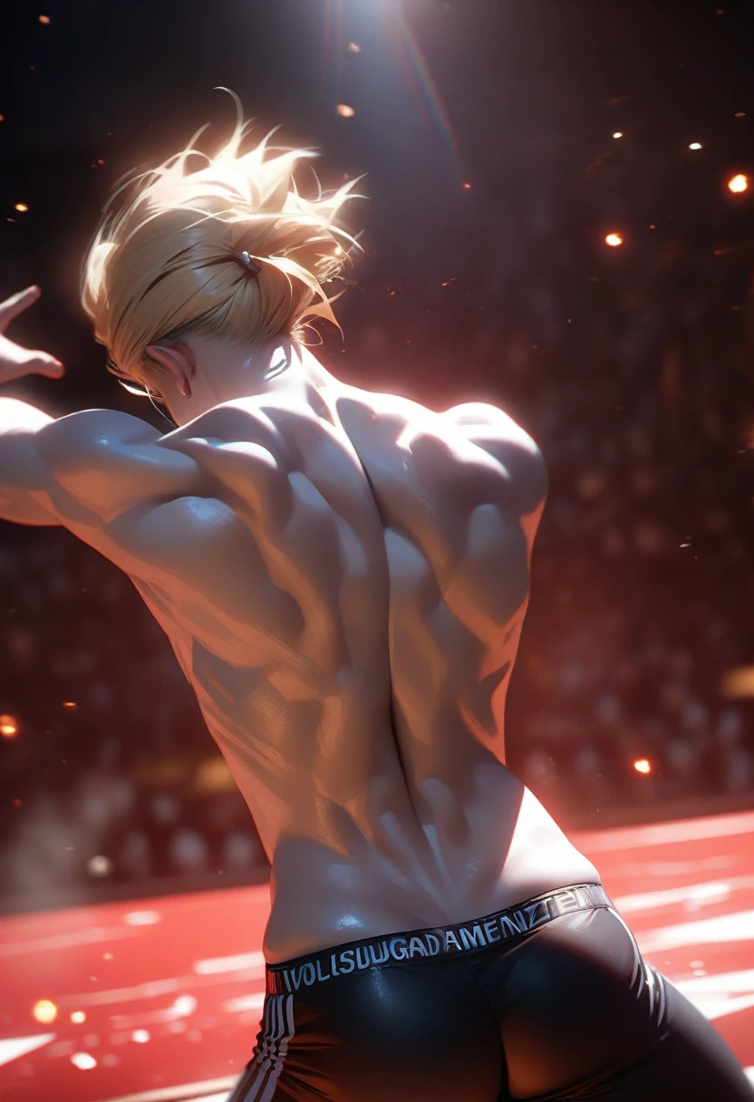 Masterpiece, Best Quality, Super Detailed, High Definition, HDR, Realistic, Depth, Fine Texture, Super Fine, Complete concentration, (athletic man pero no exageradamente musculoso), beautiful man, dynamic pose (back pose), cold super white skin, lens flare, cinematic light, volumetric lighting, detailed textures, real red background, no shirt, movement and motion blur, blonde white aesthetic hair,