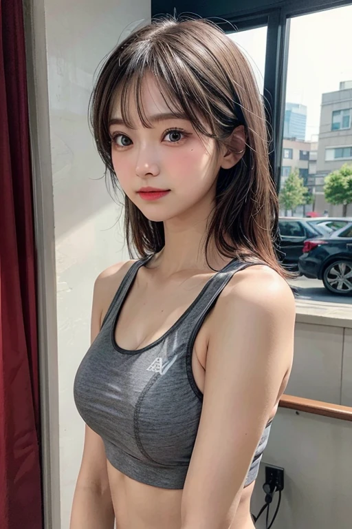 A tight black or grey sports bra, Tight black or grey underwear,, Cute Face, Beautiful Eyes, Beautiful Lips, Sweat, Beautiful Eyes, Beautiful eyelashes, Beautiful breasts, Fully exposed skin, Expose your shoulders, attractive, Beautiful Face, young teen
