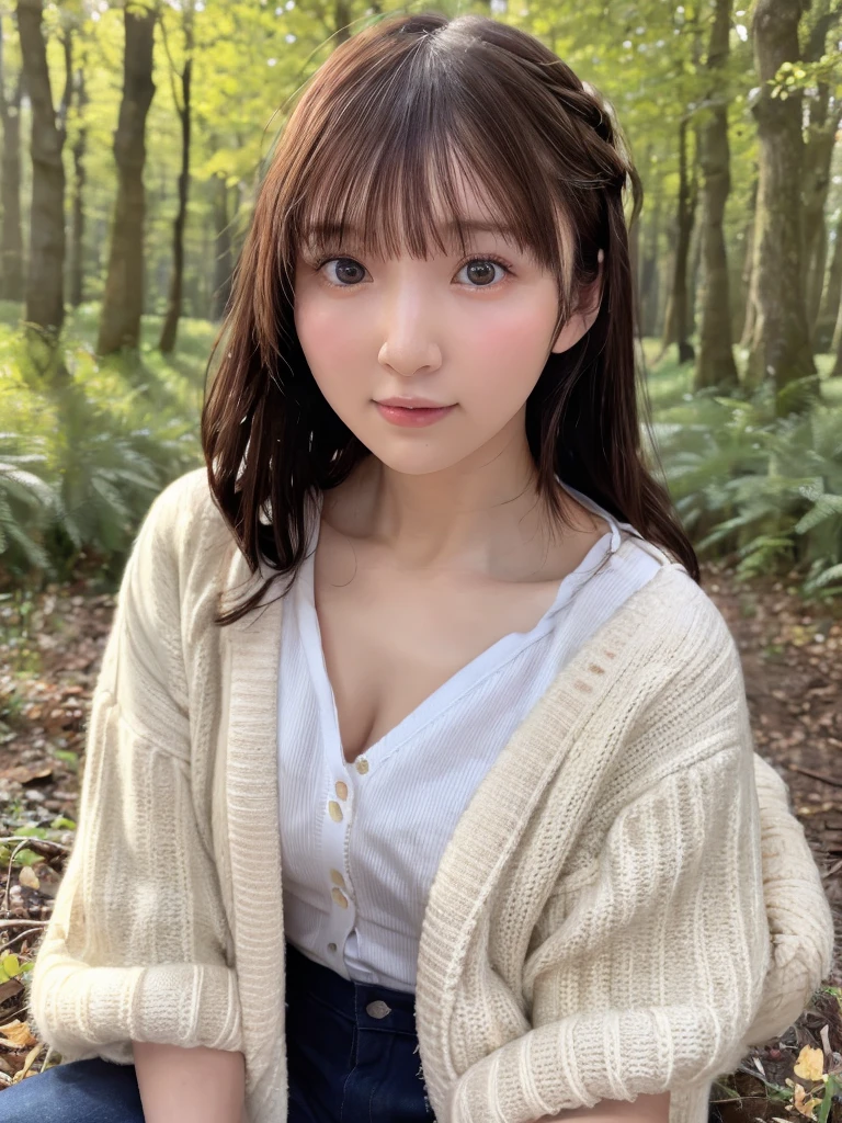 One Girl, (beautiful girl, Delicate girl:1.3), (************:1.3),
break, (Cardigan Costume:1.3),
break, (Sitting in the forest:1.2),
break, Very beautiful eyes, (Symmetrical eyes:1.3),
break, Small breasts, Brown eyes, Parted bangs, Brown Hair, (Upper teeth, The best smile:0.2),
break, (Eye and facial details:1.0),
break, (masterpiece, Highest quality, Very detailed, Detailed face, 8k)