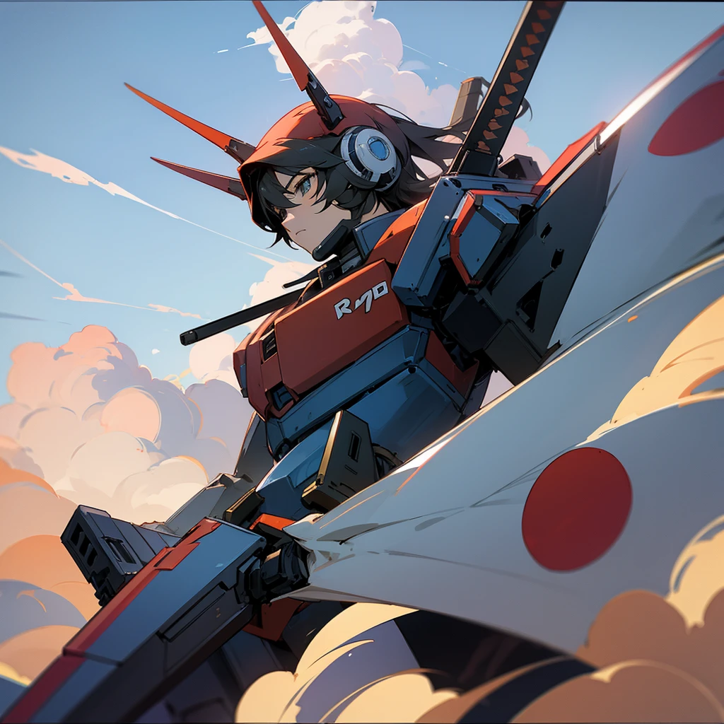 Robot, anime style, high quality, katana, red redemption style, clouds, mecha