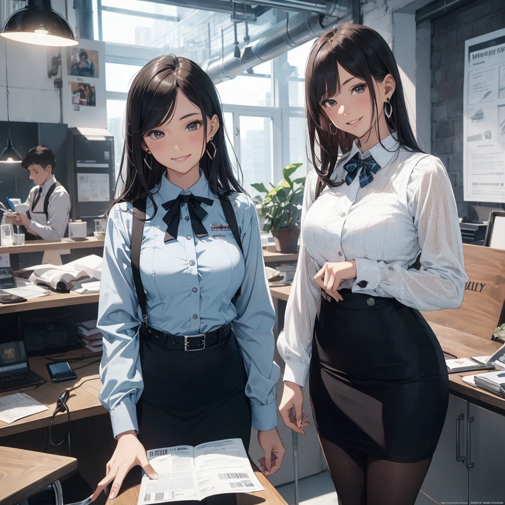 (Best Quality, Masterpiece),Wearing a pink plaid vest, White short sleeved shirt, Gray pencil skirt, Wear stiletto heels, Necklace, earrings, Cute face, Smile, Blushing, Shyness, Glass wall, Ultra Detail, Realistic, Front view, Whole body, stunning, cute, warm smile, hourglass figure, apron, text, chart, advertising, magazine title(Best Quality, Masterpiece), Mag((((1ladyl,)))) (masterpiece), (realistic), (best quality), (ultra-detailed), (wearing in [[white and gray check pattern]] Vest worn over white collared long-sleeved shirt:1.4), (gray vest with buttons:1.2), (Pink Theme:1.2), (blue ribbon ribbon:1.3), (Black theme:1.4), (Tight black pencil skirt:1.5), ((Brown pantyhose)), (high-heels:1.1),longskirt,office desk, office chair,Lulubre Unity 8K Wallpaper, pantyshot, long brown hair, office lady Magazine Cover, 1girl,  amazing, girl, 30 years old, house wiife, warm smile, hourglass figure, text, chart, advertising, magazine title