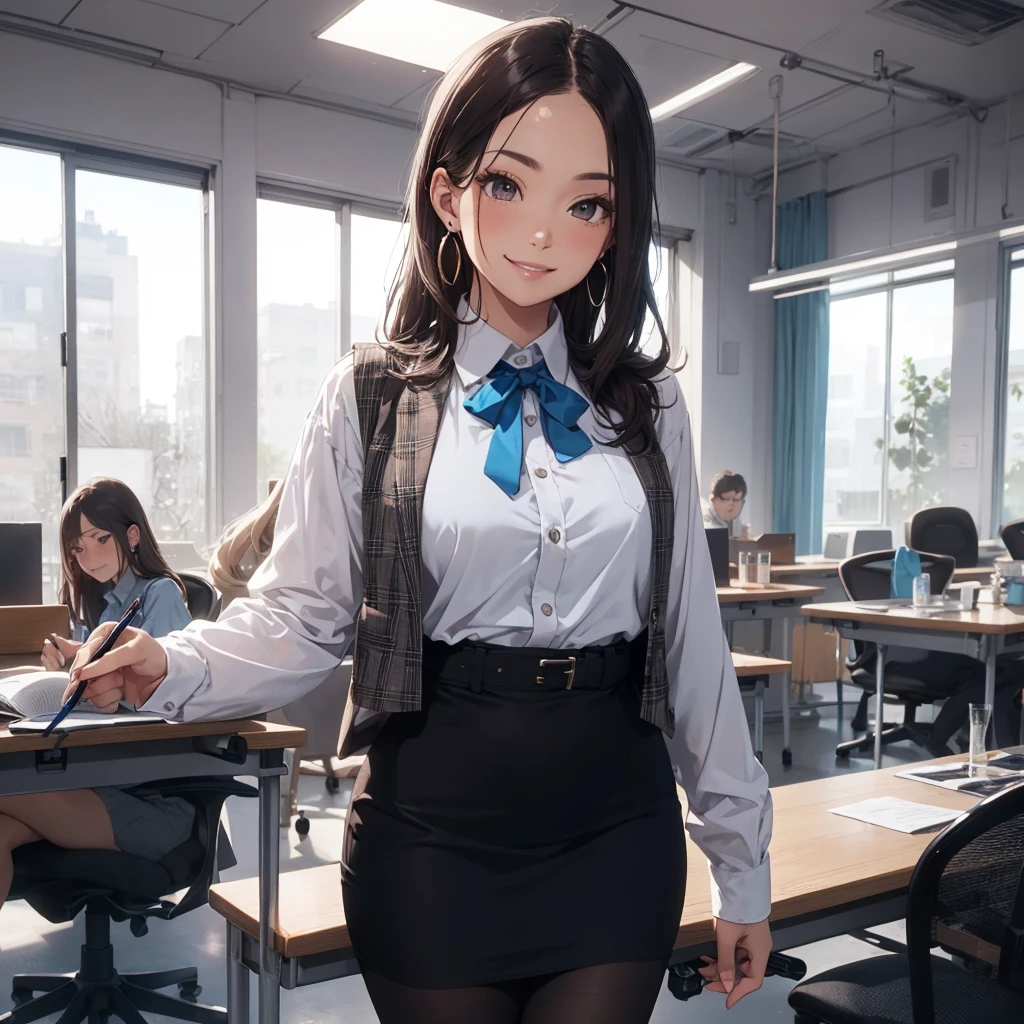 (Best Quality, Masterpiece),Wearing a pink plaid vest, White short sleeved shirt, Gray pencil skirt, Wear stiletto heels, Necklace, earrings, Cute face, Smile, Blushing, Shyness, Glass wall, Ultra Detail, Realistic, Front view, Whole body, stunning, cute, warm smile, hourglass figure, apron, text, chart, advertising, magazine title(Best Quality, Masterpiece), Mag((((1ladyl,)))) (masterpiece), (realistic), (best quality), (ultra-detailed), (wearing in [[white and gray check pattern]] Vest worn over white collared long-sleeved shirt:1.4), (gray vest with buttons:1.2), (Pink Theme:1.2), (blue ribbon ribbon:1.3), (Black theme:1.4), (Tight black pencil skirt:1.5), ((Brown pantyhose)), (high-heels:1.1),longskirt,office desk, office chair,Lulubre Unity 8K Wallpaper, pantyshot, long brown hair, office lady Magazine Cover, 1girl,  amazing, girl, 30 years old, house wiife, warm smile, hourglass figure, text, chart, advertising, magazine title