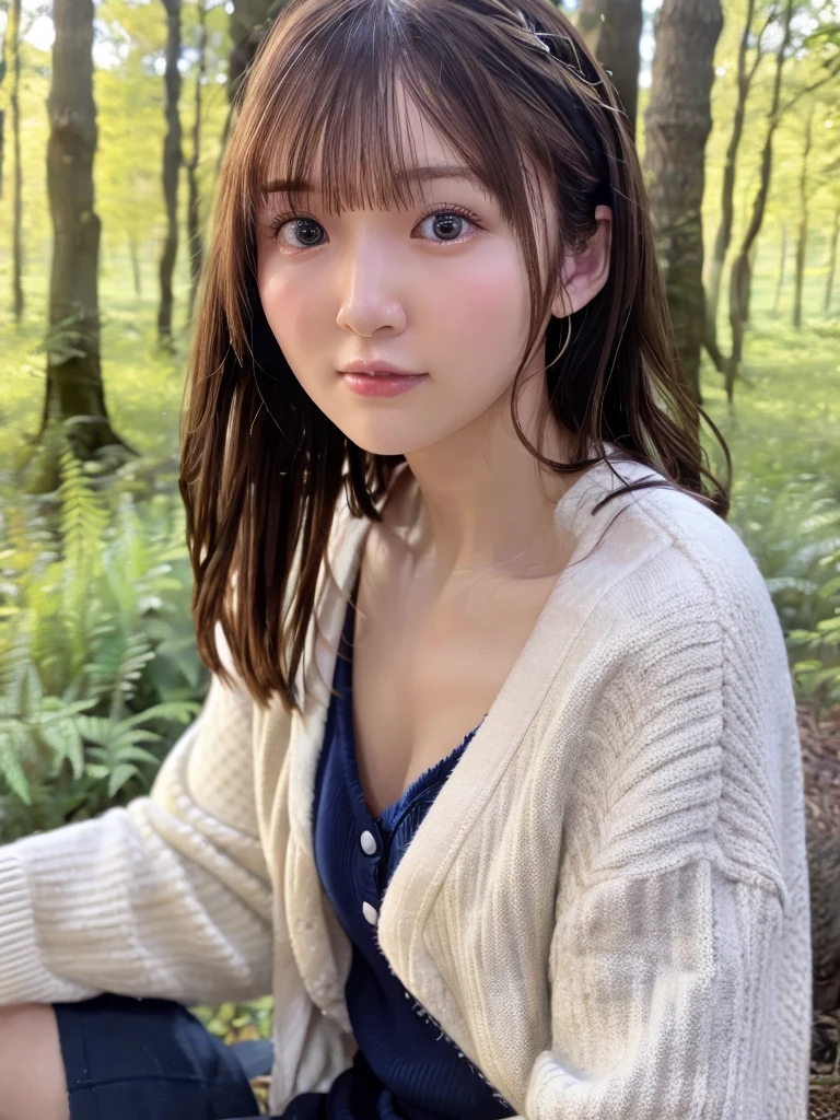 One Girl, (beautiful girl, Delicate girl:1.3), (************:1.3),
break, (Cardigan Costume:1.3),
break, (Sitting in the forest:1.2),
break, Very beautiful eyes, (Symmetrical eyes:1.3),
break, Small breasts, Brown eyes, Parted bangs, Brown Hair, (Upper teeth, The best smile:0.2),
break, (Eye and facial details:1.0),
break, (masterpiece, Highest quality, Very detailed, Detailed face, 8k)