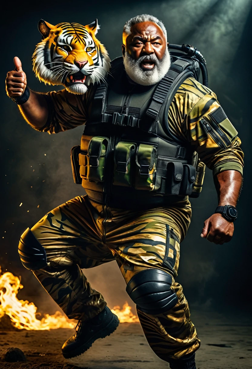 (a dark-skinned bearded fat muscular old man in a bulky army camouflage zipper diver suit) carrying a gun, (wearing realistic roaring tiger mask), dynamic action pose, fierce expression, showcasing an imposing stature, surrounded by military elements, dramatic shadows and intense highlights, cinematic color tones, high detail, powerful, art influenced by Bruce Onobrakpeya and Stanley Artgerm, ultra-detailed, best quality image, action-packed atmosphere. thumbs up pose