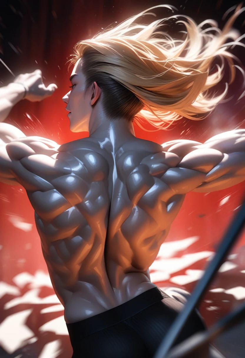 Masterpiece, Best Quality, Super Detailed, High Definition, HDR, Realistic, Depth, Fine Texture, Super Fine, Complete concentration, (athletic man pero no exageradamente musculoso), beautiful man, dynamic pose (back pose), cold super white skin, lens flare, cinematic light, volumetric lighting, detailed textures, real red background, fondo liso rojo, no shirt, movement and motion blur, blonde white aesthetic hair,